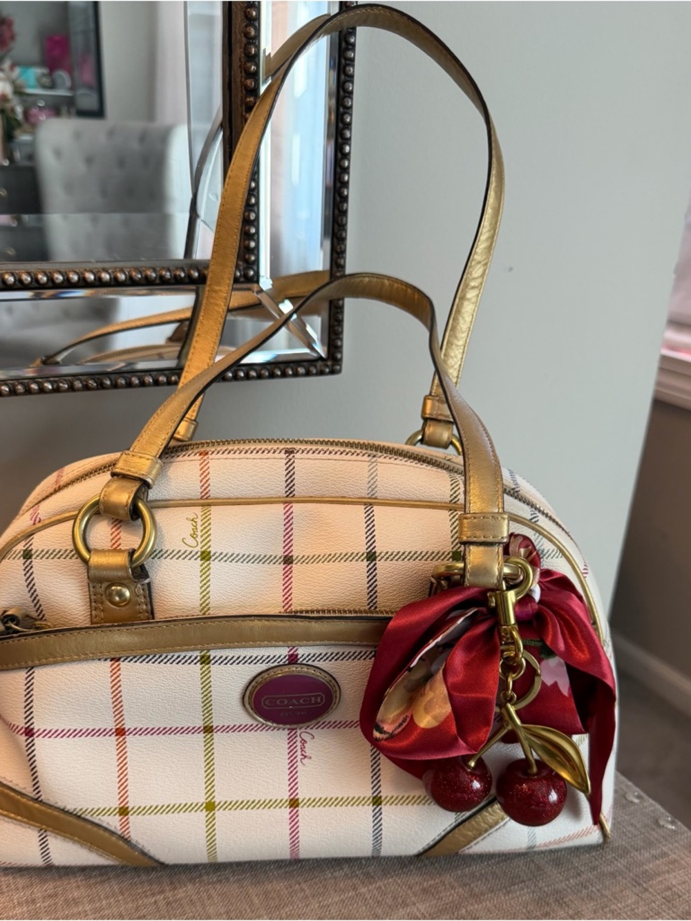 Coach White Plaid Satchel with Gold Straps and Red Charm